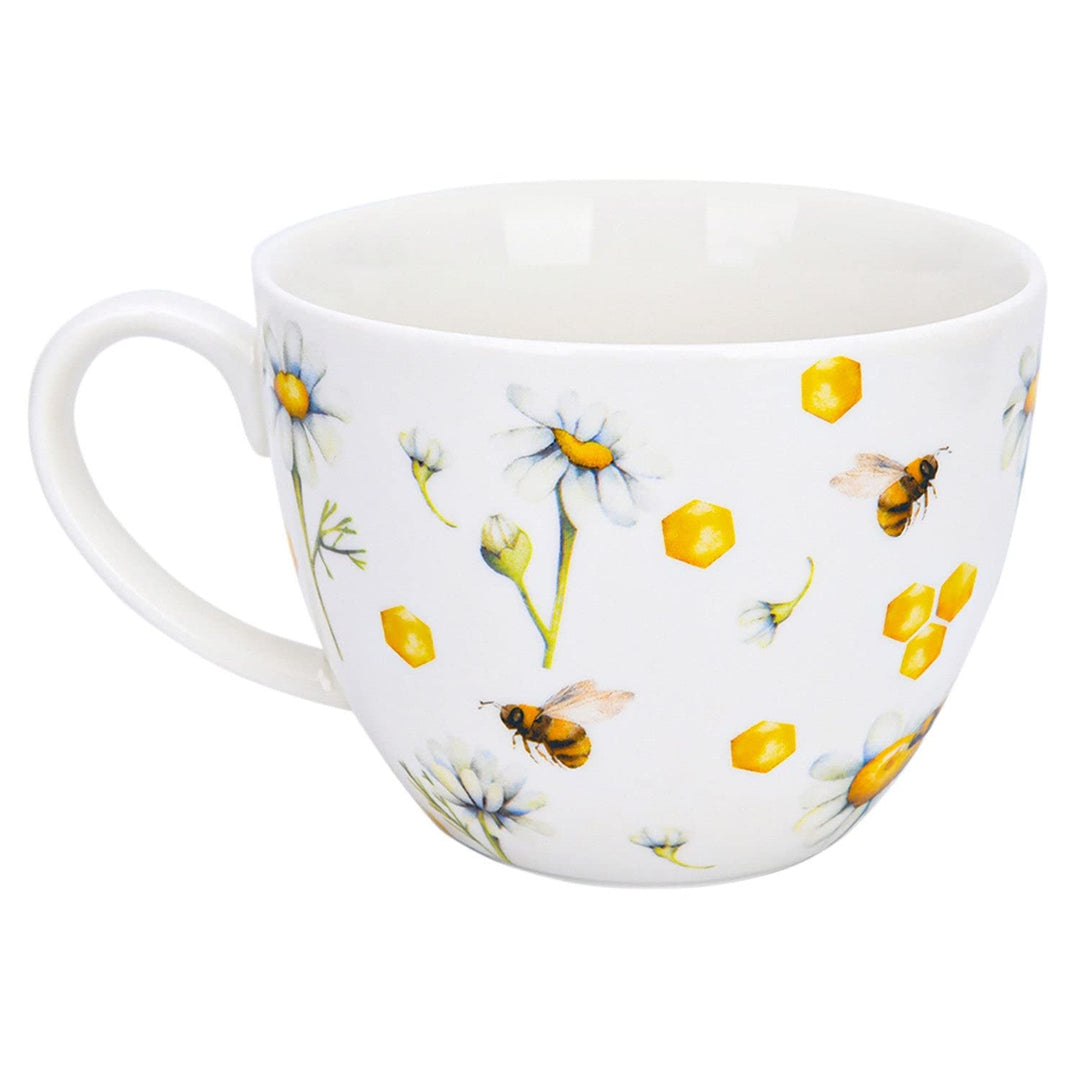 15.2 Fl Oz Honey Bee Tea Coffee Cup Saucer Yellow Floral Farmhouse Round Bone - Diamond Home USA