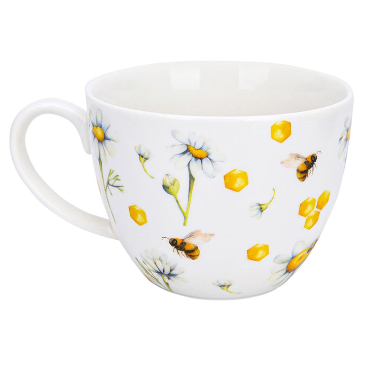 15.2 Fl Oz Honey Bee Tea Coffee Cup Saucer Yellow Floral Farmhouse Round Bone - Diamond Home USA