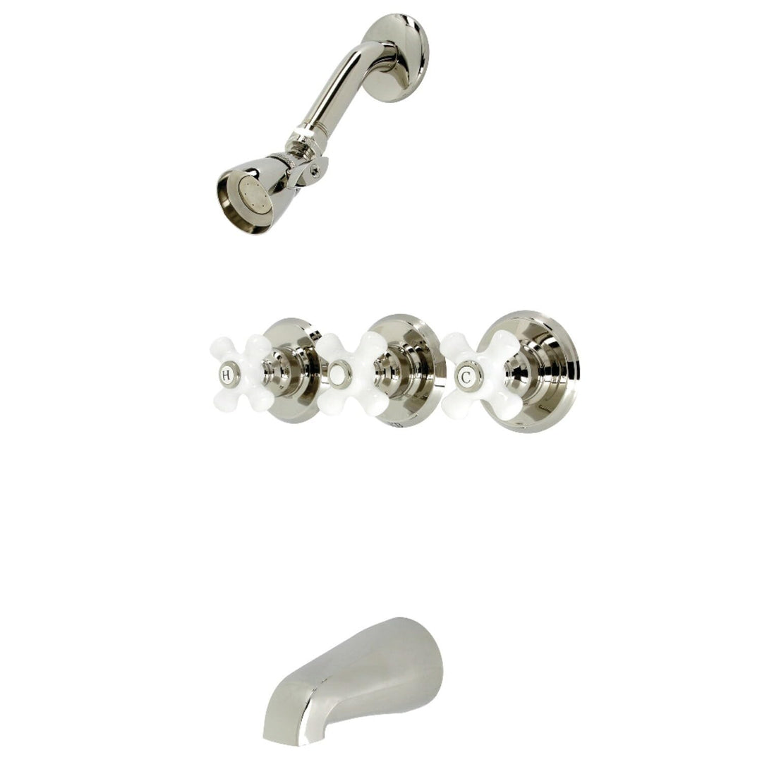 Kingston Brass Victorian Three-Handle Tub and Shower Faucet shed Nickel Polished Nickel