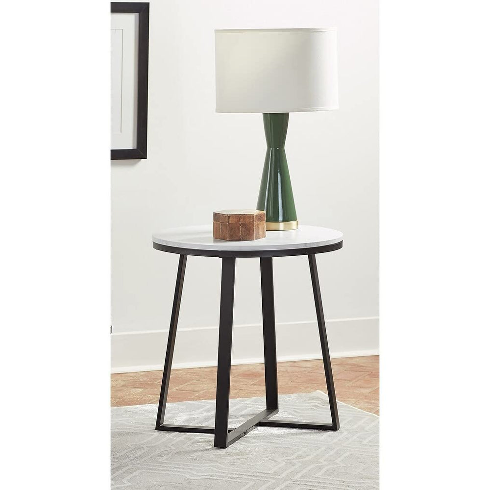 Round Marble End Table with Metal Base in White and Matte Black Modern - Diamond Home USA
