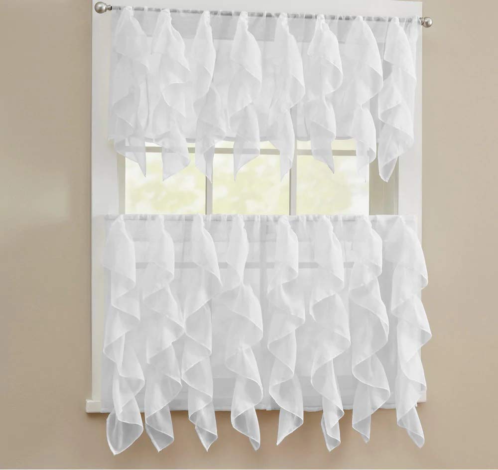 bed bath n more Chic Sheer Voile Vertical Ruffled Tier Window Curtain Valce 36" TIER PAIR ONLY - White