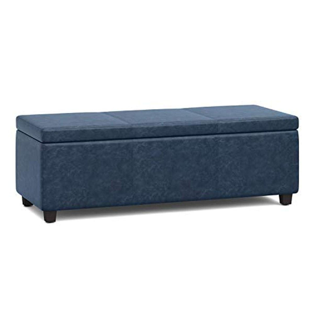 SIMPLIHOME Avalon 48 Inch Wide Contemporary Rectangle Storage Ottoman Bench in Denim Blue