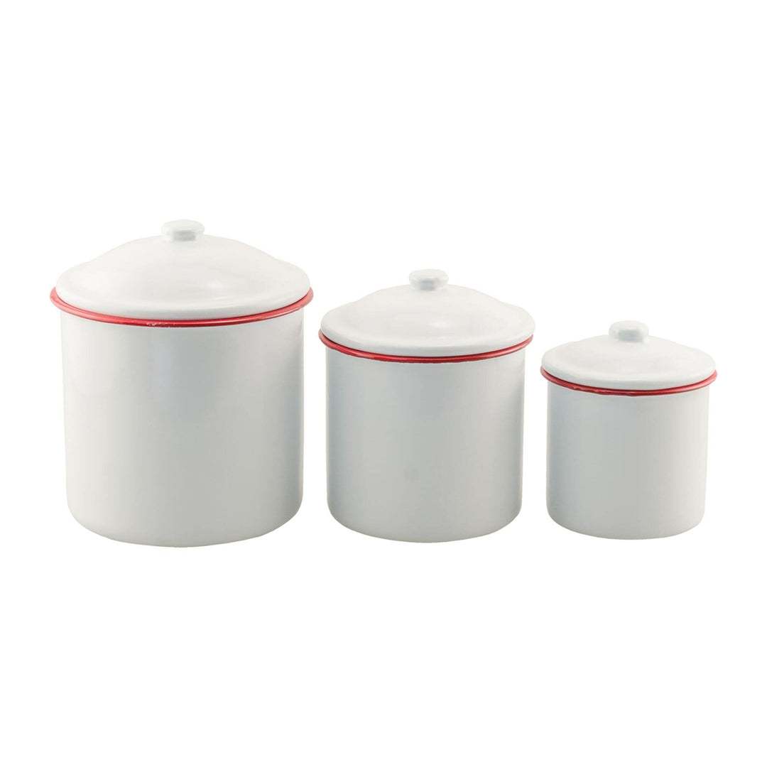 3/Set Red Rim Enamel Canisters White Ceramic