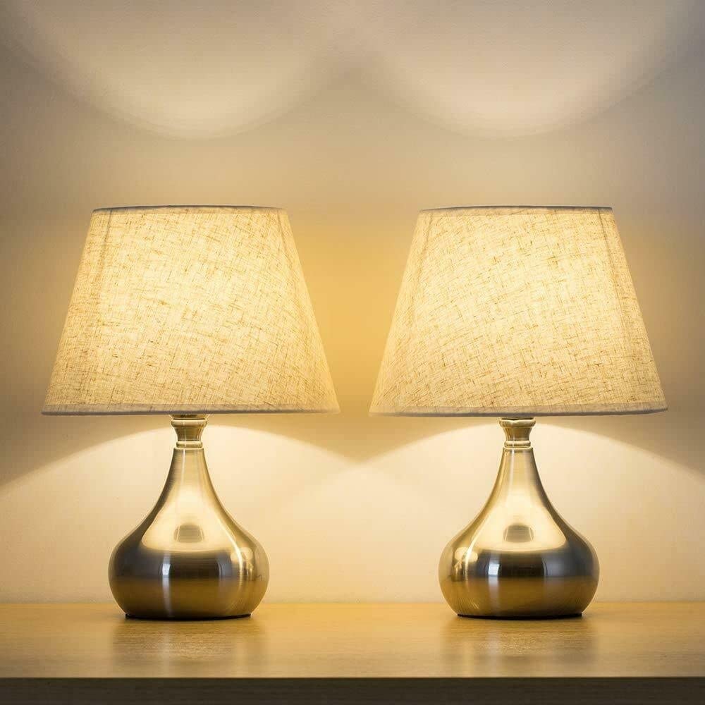 2pcs Elegant Bedside Desk Lamps with Silver Brushed Nickel Base Beige - Diamond Home USA
