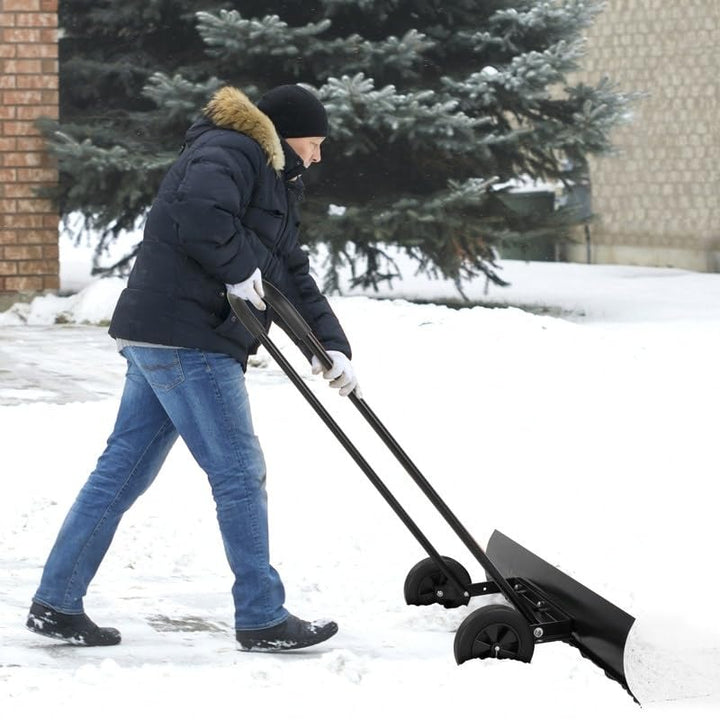 39 in. Black Snow Shovel Rolling Pusher with 2 Wheels 37.37 X 7.87 Inch Metal - Diamond Home USA