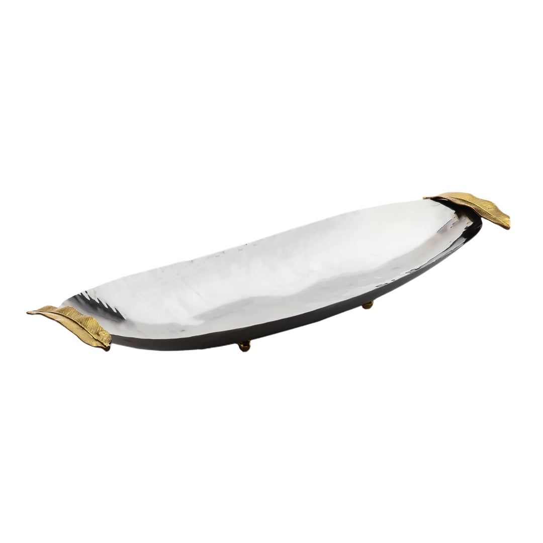 Brass Accent Oval Dish 19.25x7.25x1.25 Silver Stainless Steel Metallic Finish