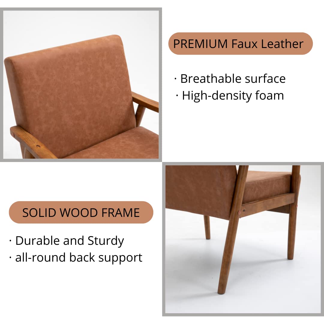 Merakii Midcentury Modern Solid Wood Vegan Leather Upholstered Armchairs - Brown - Diamond Home USA
