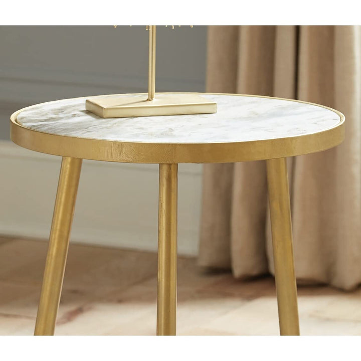 Round Accent Table in White and Gold Rustic Marble Wood Finish - Diamond Home USA