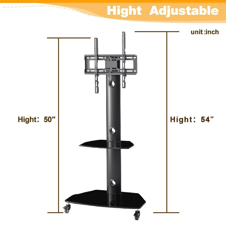 Adjustable Tempered Glass Metal Frame with Lockable Wheels Mobile Tv Stand Black - Diamond Home USA