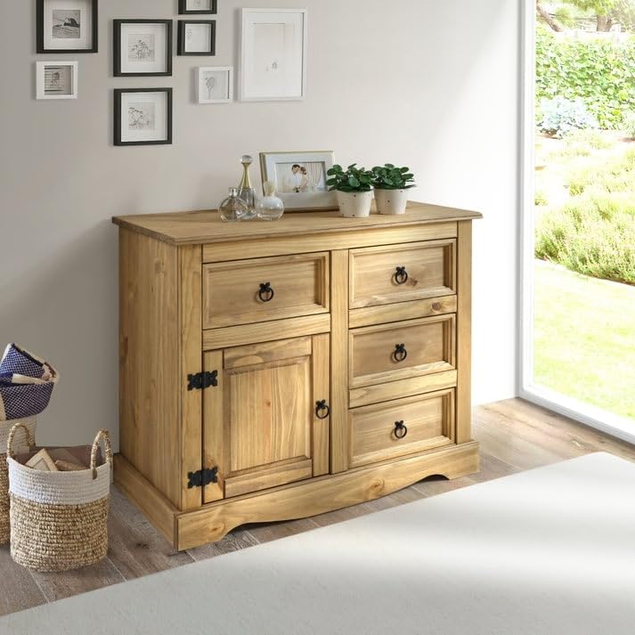 Wood Buffet Sideboard 1 Door 4 Drawers Brown Southwestern Pine Stained Solid - Diamond Home USA
