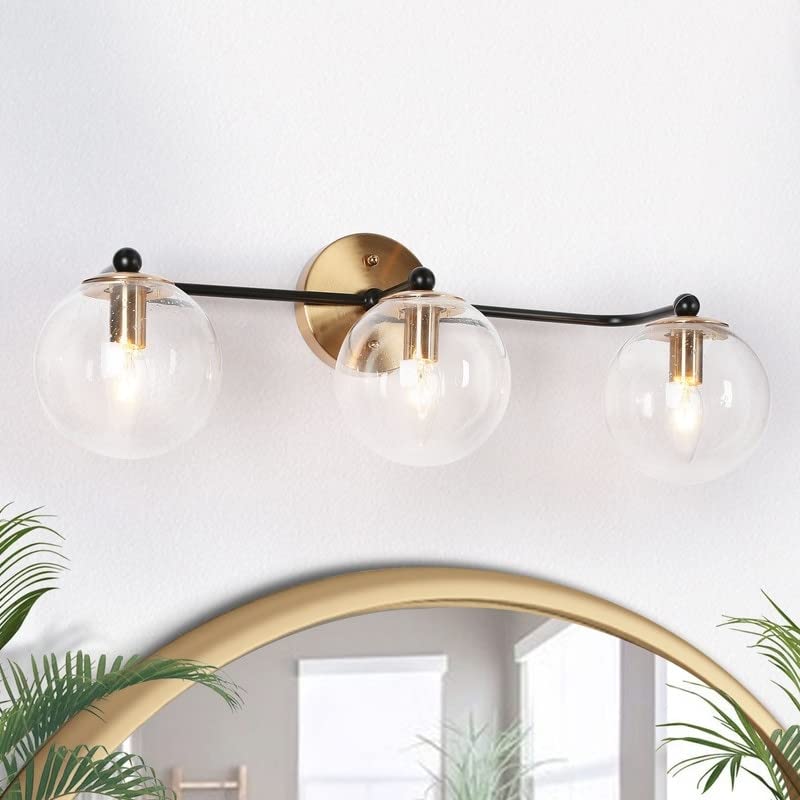 Modern 3-light Black Gold Bathroom Vanity Light Fixture with Globe Glass 24.5" L Black/ Brass