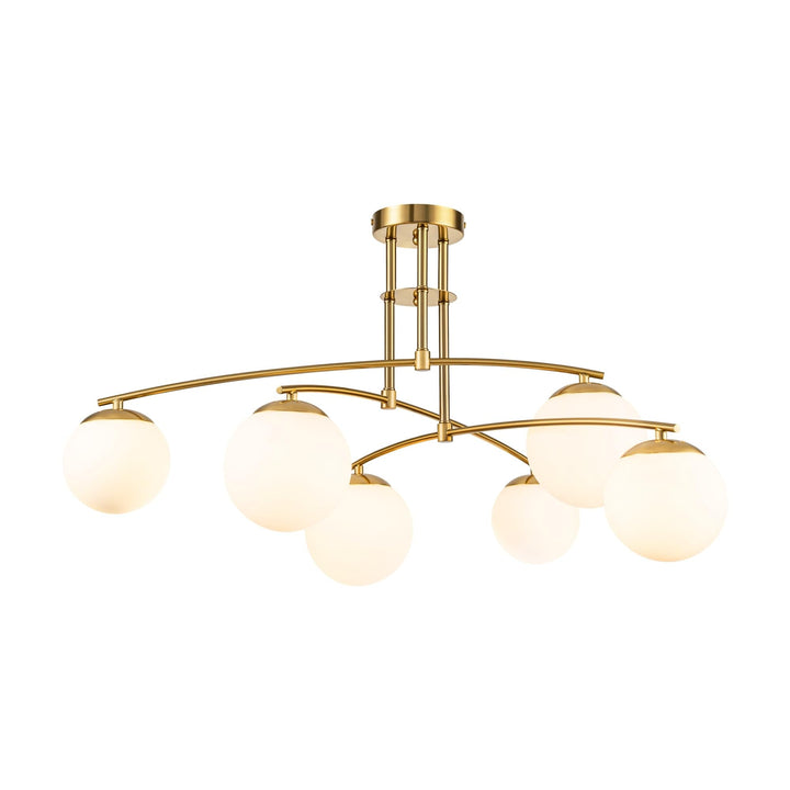 Frosted White Opal Glass Globe Gold 6-Light Sputnik Semi-Flush Mount Light 31.5" - Diamond Home USA