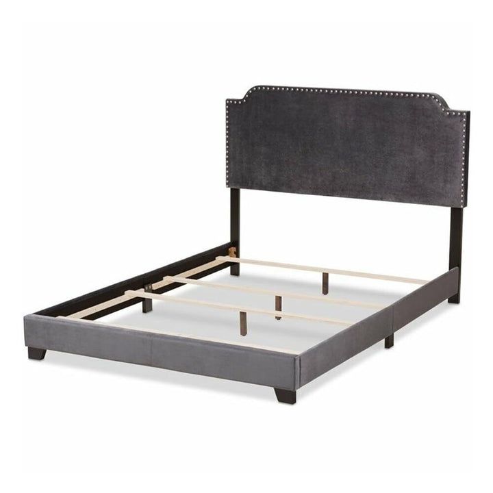 King Size Velvet Nailhead Upholstered Bed Grey Modern Contemporary Finish