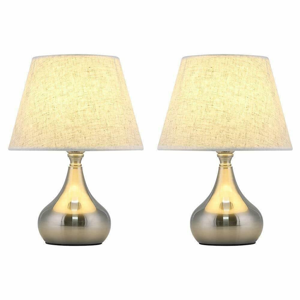 2pcs Elegant Bedside Desk Lamps with Silver Brushed Nickel Base Beige