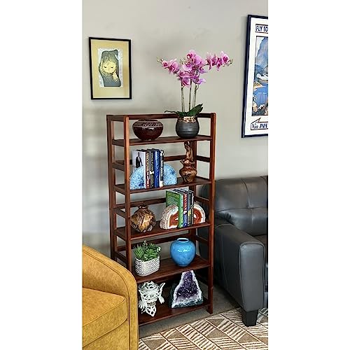 Solid Acacia 5 Tier Folding Bookcase Brown Mid-Century Modern Contemporary Mahogany - Diamond Home USA