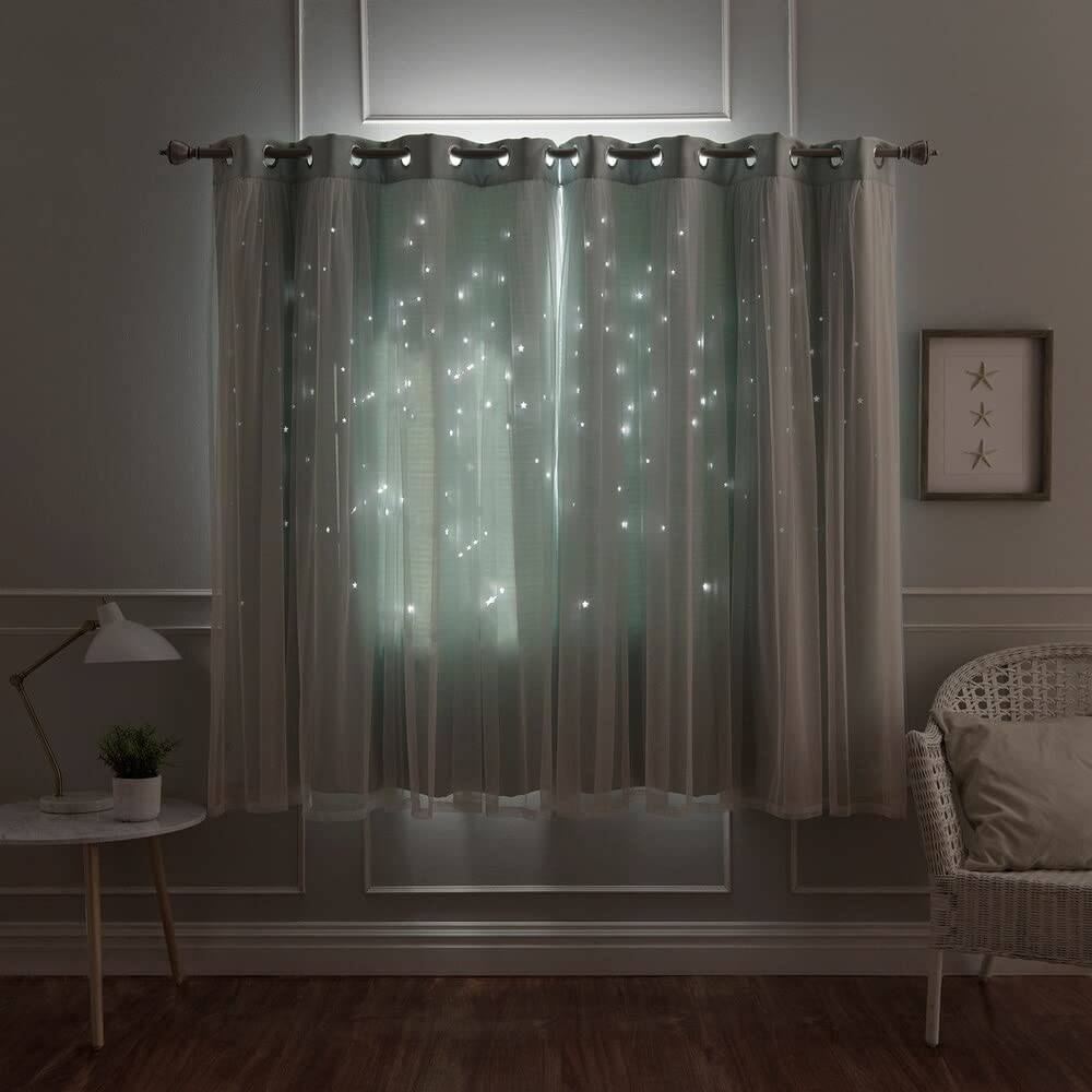 Aurora Home Star Punch Tulle Overlay Blackout Curtain Panel Pair Dark