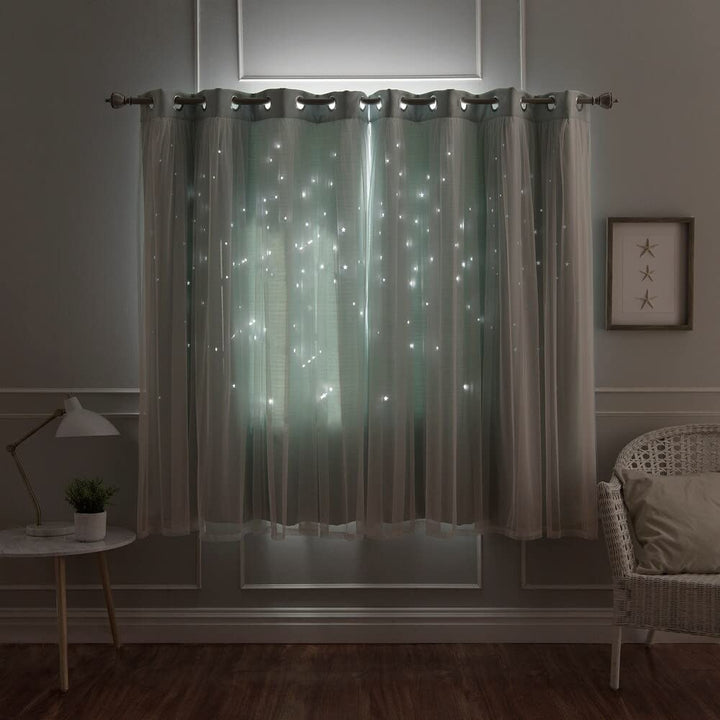 Aurora Home Star Punch Tulle Overlay Blackout Curtain Panel Pair Dark