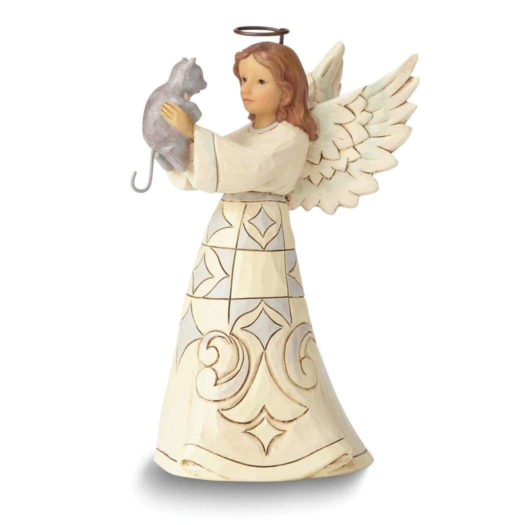 Farmhouse Angel with Cat Stone Resin Figurine Multi Color