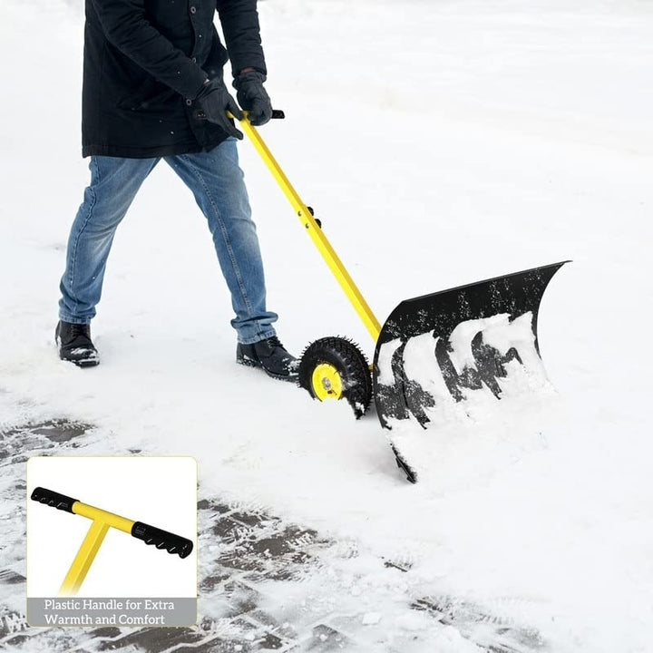 Heavy-Duty Rolling Snow Pusher with Wheels and Adjustable Handle Black Yellow - Diamond Home USA