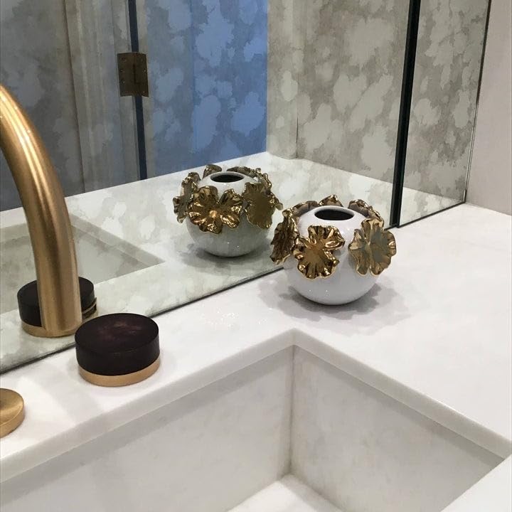 White Vase with Gold Design Ceramic - Diamond Home USA