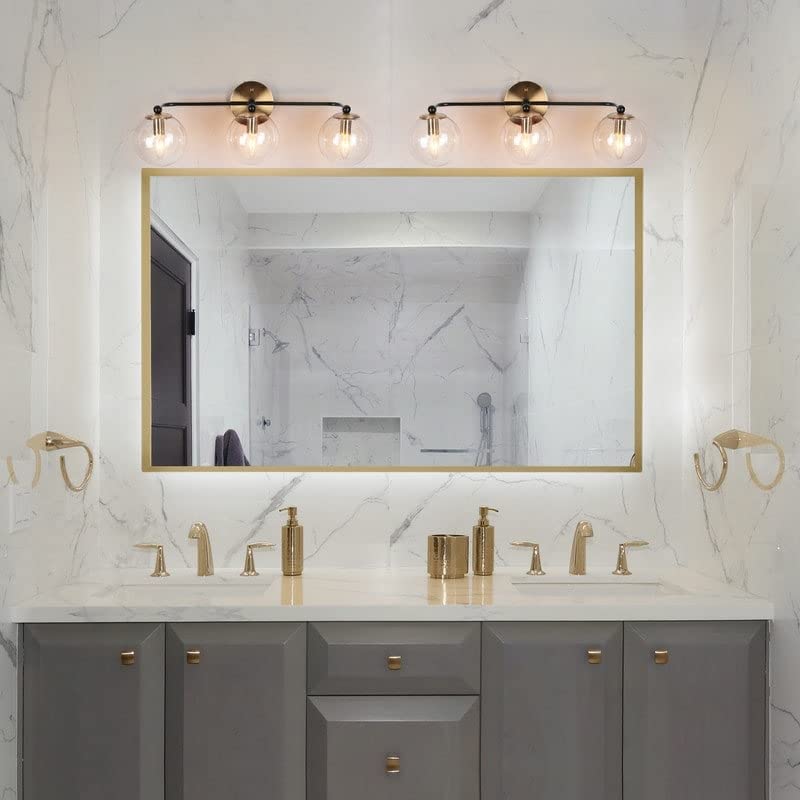 Modern 3-light Black Gold Bathroom Vanity Light Fixture with Globe Glass 24.5" L Black/ Brass - Diamond Home USA