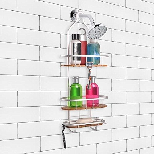 Tia Large Over the Showerhead Rustproof Shower Caddy Teak Shelves - Diamond Home USA