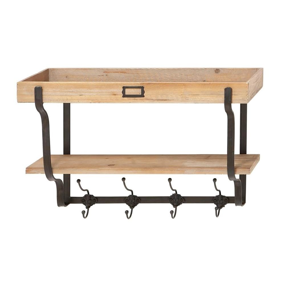 Vintage Appeal Light Brown Wood Farmhouse Wall Shelve with Hooks Natural - Diamond Home USA