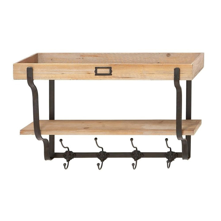 Vintage Appeal Light Brown Wood Farmhouse Wall Shelve with Hooks Natural - Diamond Home USA