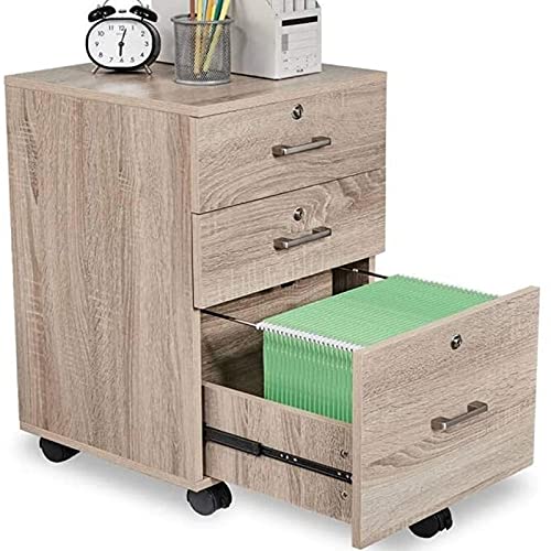 3-Drawer Rolling Wood File Cabinet with Lock Natural Modern Contemporary Mobile Oak - Diamond Home USA