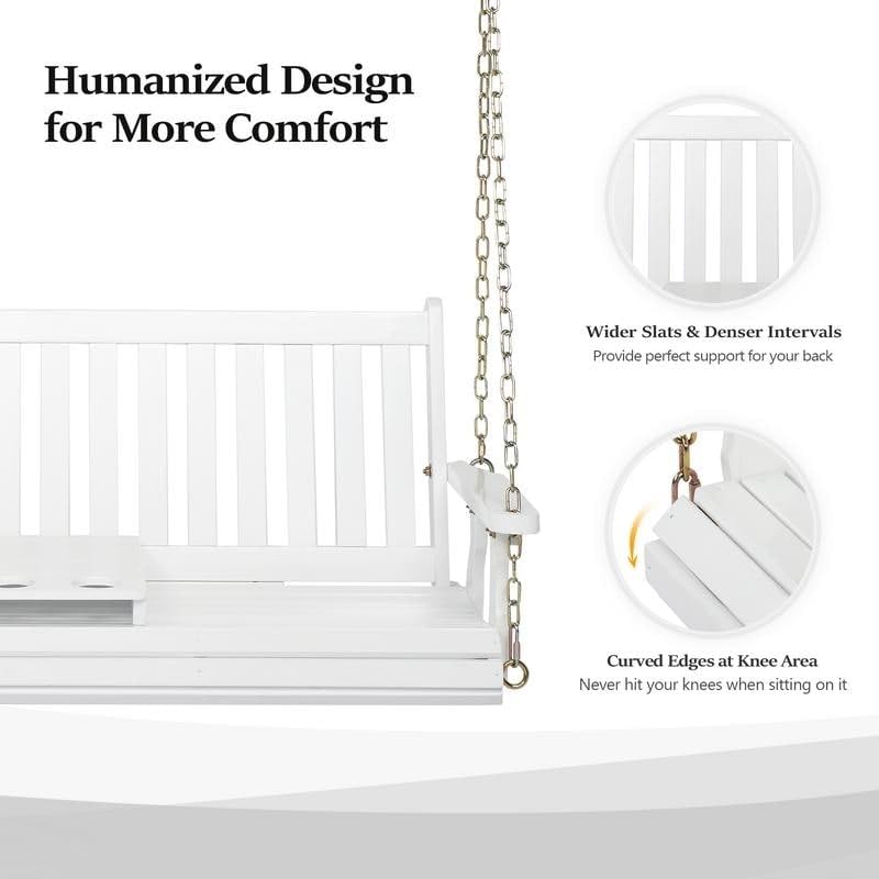 2-Person Wooden Patio Porch Swing with Cup Holder White Modern Contemporary Wood - Diamond Home USA