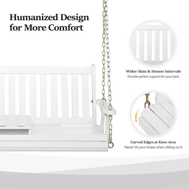 2-Person Wooden Patio Porch Swing with Cup Holder White Modern Contemporary Wood - Diamond Home USA