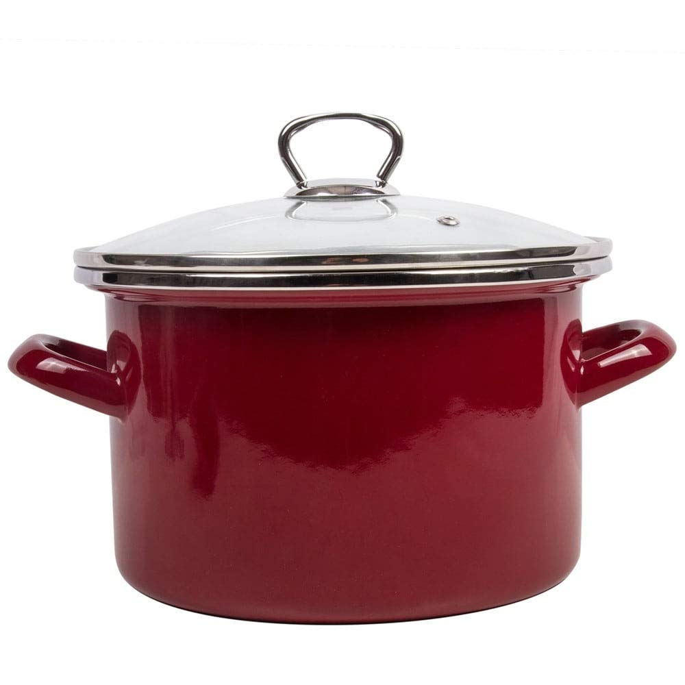 Burgundy Enamel On Steel 4.2-Quart Pot with A Glass Lid Red Enameled