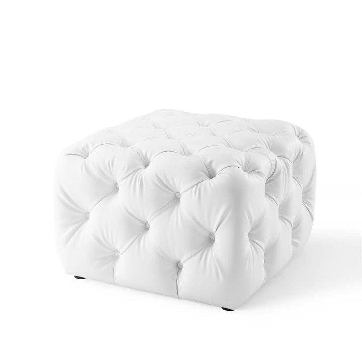 Tufted Button Square Leather Ottoman White Mid-Century Modern Solid Wood - Diamond Home USA