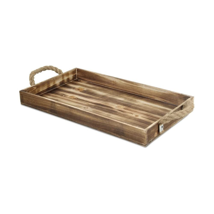 Wooden Rectangular Tray with Rope Side Handles Brown Modern Contemporary Wood - Diamond Home USA