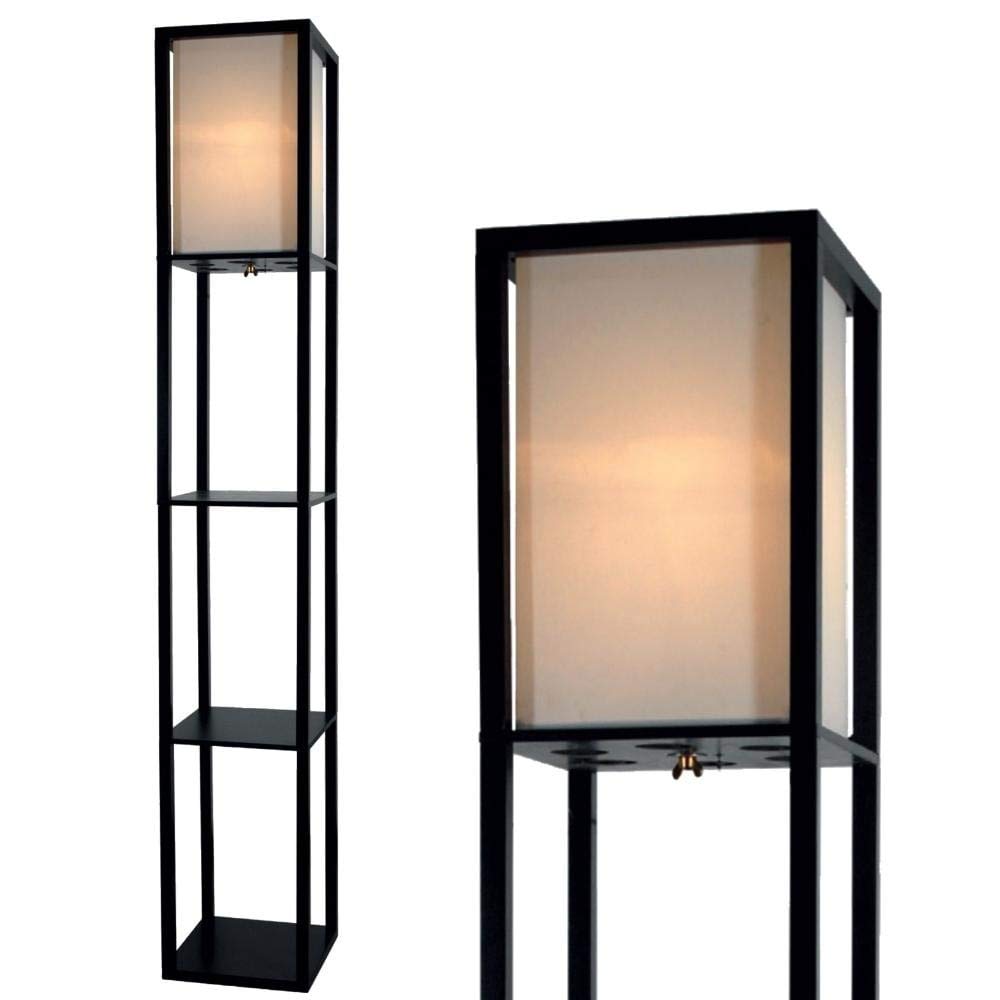 Wooden Shelf Floor Lamp with Fabric Shade (Black) Black Modern Contemporary