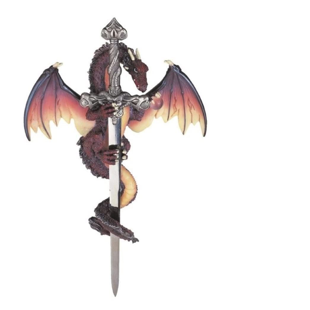 11" h Brown Dragon with Sword Wall Plaque D Cor Figurine Multi Color