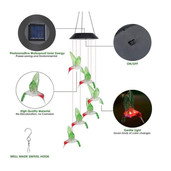 Led Hanging Solar Hummingbird Wind Chime Color Changing Black - Diamond Home USA