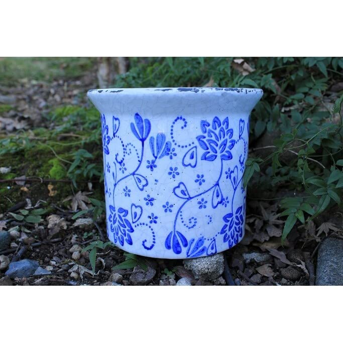Hand Pressed Old World Ceramic Blue and White Flower Pattern Round Flared Lip - Diamond Home USA
