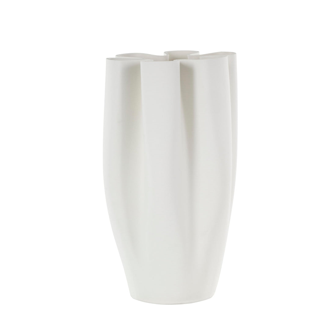 White Ceramic Ribbed Dimensional Folded Abstract Decorative Vase with Floral - Diamond Home USA