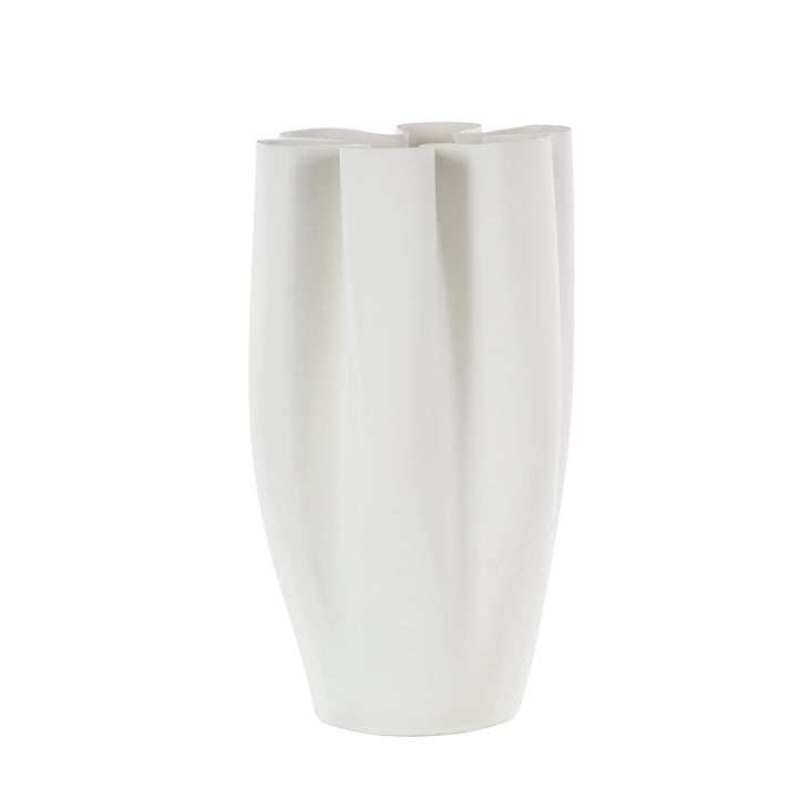 White Ceramic Ribbed Dimensional Folded Abstract Decorative Vase with Floral - Diamond Home USA