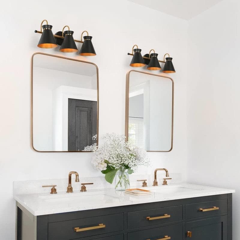 Modern 3-Light Linear Black Gold Bathroom Vanity Light Industrial Metal Wall - Diamond Home USA