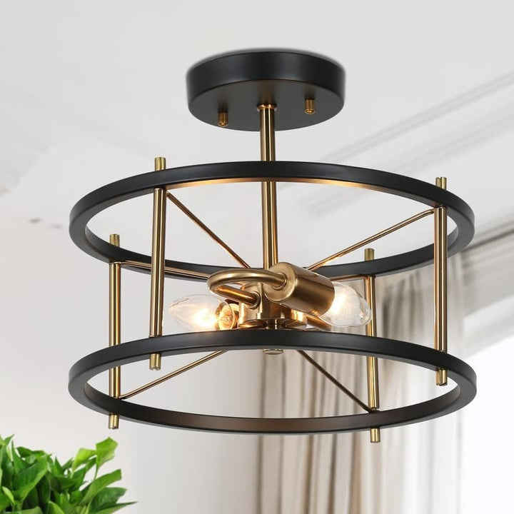 Modern 2-light Black Gold Metal Drum Semi Flush Mount Ceiling Lights 12" D X 10"