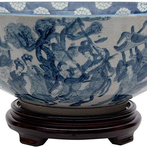 Porcelain 14-inch Blue and White Ladies Bowl (China) Ceramic Handmade - Diamond Home USA
