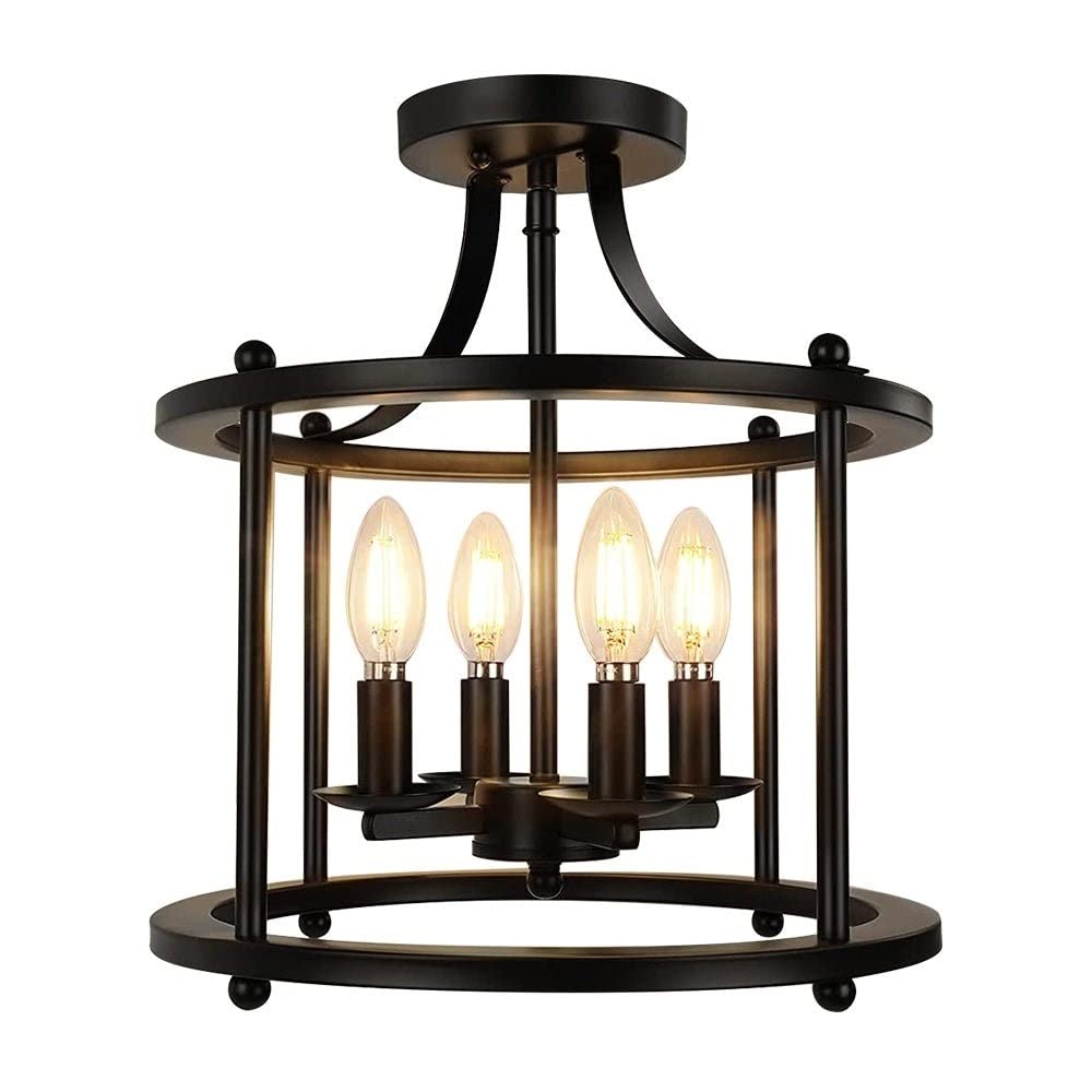 4-Light Lantern Semi Flush Mount Black Farmhouse Industrial Transitional Metal - Diamond Home USA