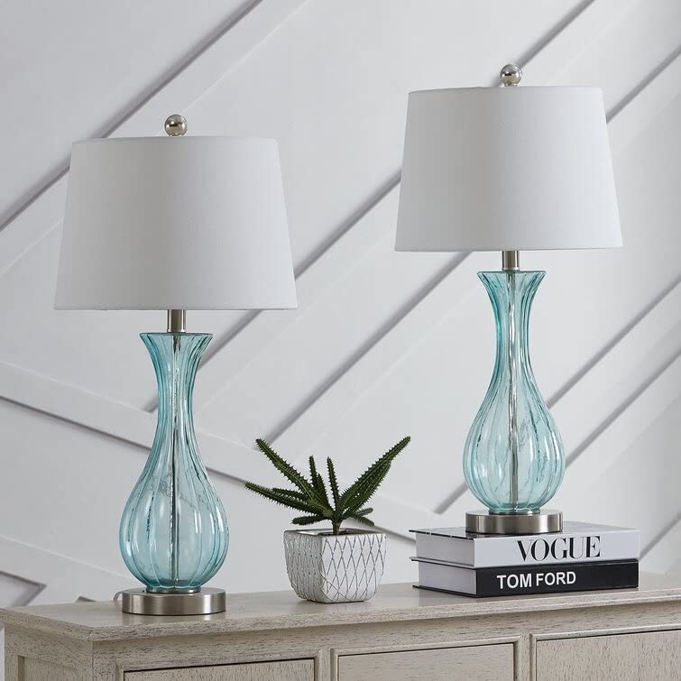 25.5'' Blue Glass Bedside Table Lamp Set (Set of 2) 13 * 13 * 25.5 Glam Modern - Diamond Home USA