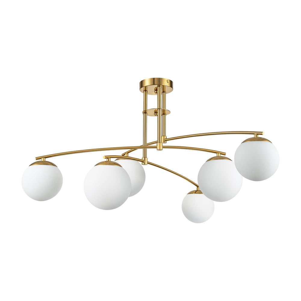 Frosted White Opal Glass Globe Gold 6-Light Sputnik Semi-Flush Mount Light 31.5" - Diamond Home USA