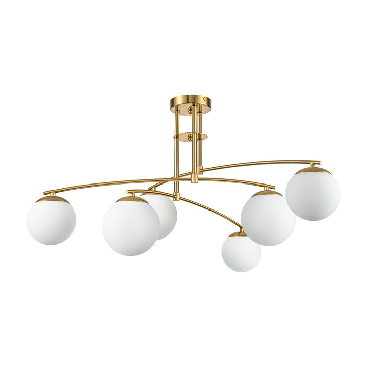 Frosted White Opal Glass Globe Gold 6-Light Sputnik Semi-Flush Mount Light 31.5" - Diamond Home USA
