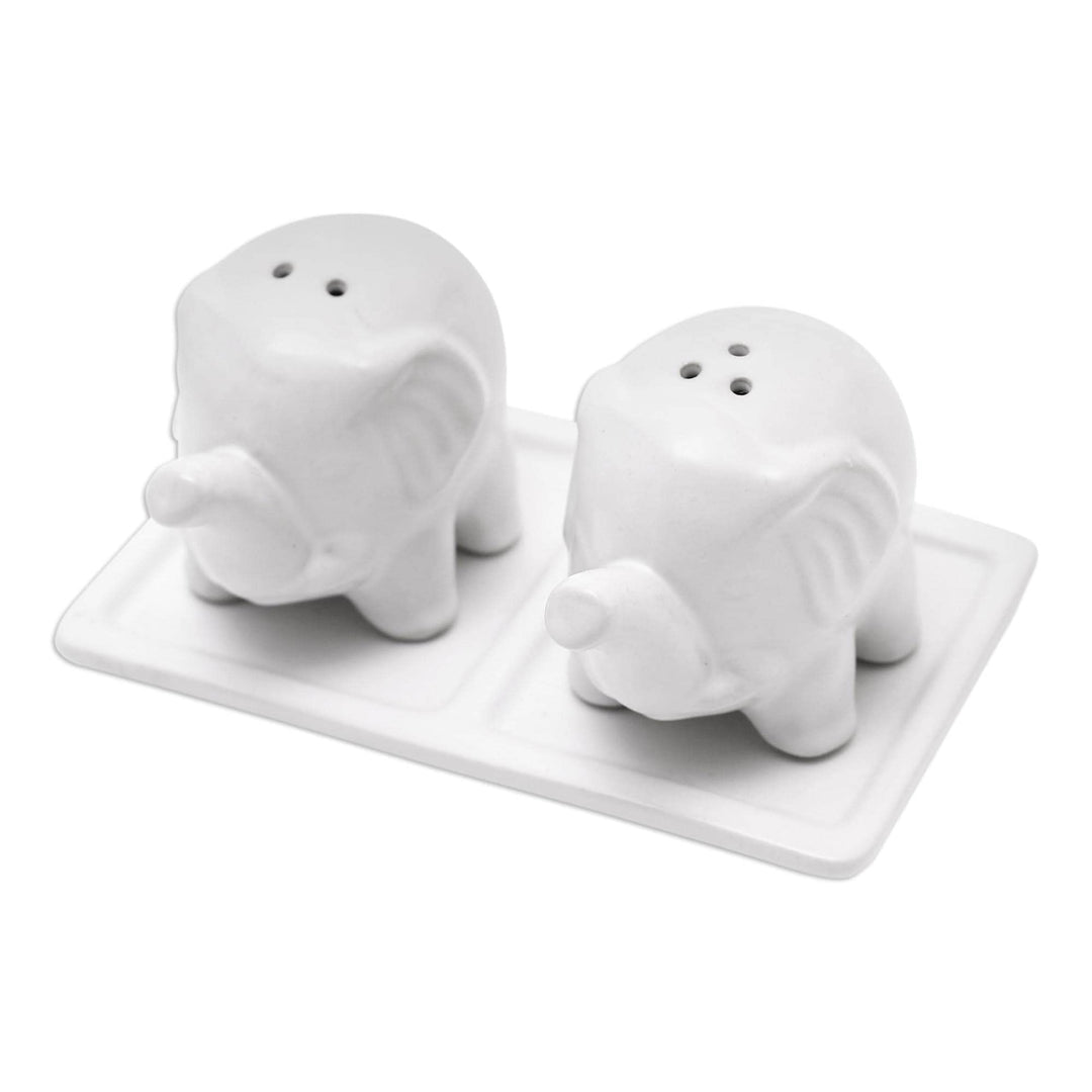 Handmade Eager Elephants In White Ceramic Salt And Pepper Set 1 Piece - Diamond Home USA