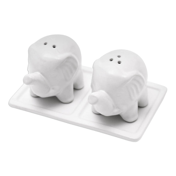 Handmade Eager Elephants In White Ceramic Salt And Pepper Set 1 Piece - Diamond Home USA