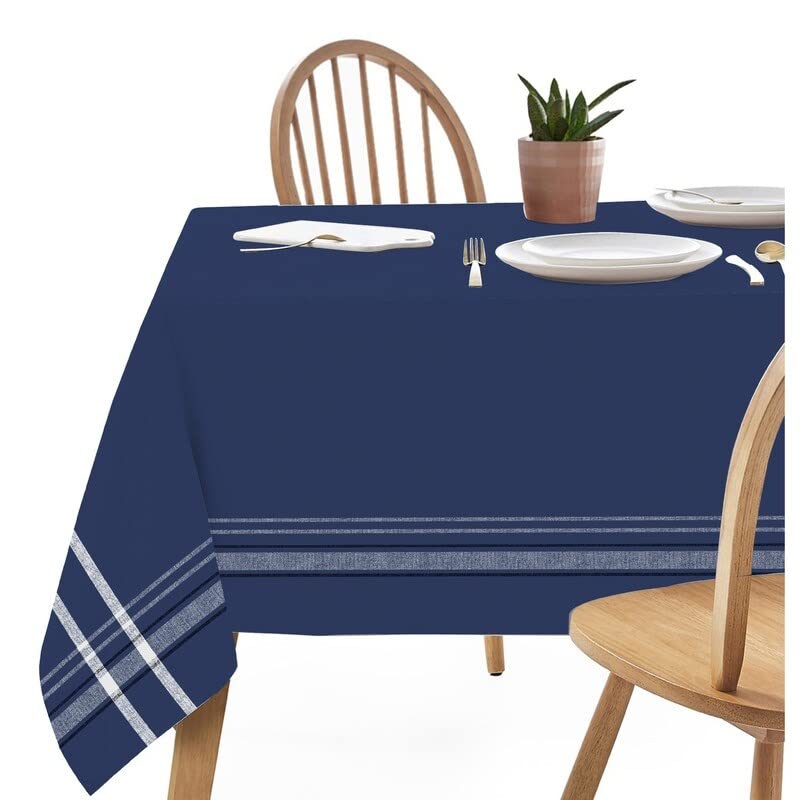 French Border Tablecloth (52 X 72) (Navy Blue) Blue Color Block Rectangle Cotton - Diamond Home USA